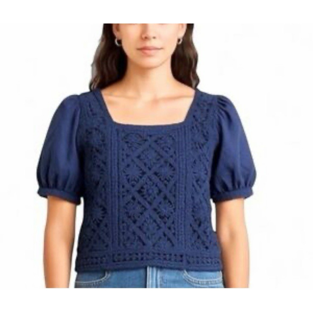 Broadway 38 Crochet Top Womens Large Blue Cropped Puff Short Sleeves 100% Cotton
